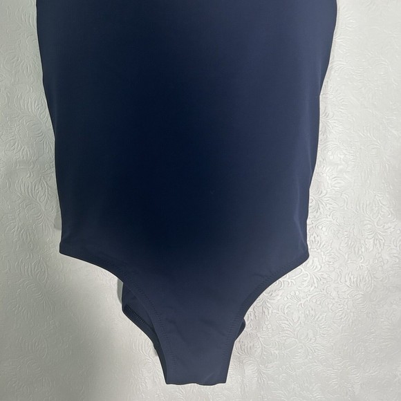 Athleta Adriata Womens Sz S One Piece Swimsuit Navy Blue Woven Panel Round Neck - Picture 11 of 15